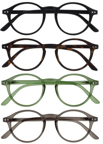 OPULIZE REY Lesebrille - 4er-Pack - Runder Retro-Rahmen - Mattschwarz, Braunes Schildpatt, Grün, Grau - Herren Damen - Federscharniere - RRRR56-1267 - +1.50