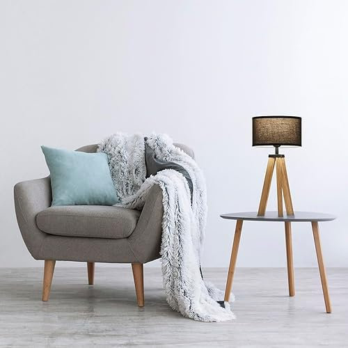 MeLiTec Skandinavische Tischleuchte T169-1 aus Holz mit schwarzem Stoffschirm, inkl. LED-Leuchtmittel, 55 cm hoch