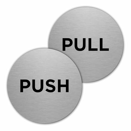 ViroDisplay® Push & Pull Circular Aluminium Sign Twin Pack – 75 x 75mm – Durable Printed Surface – Brushed Aluminium – Outdoor Suitable with Self-Adhesive Fixing