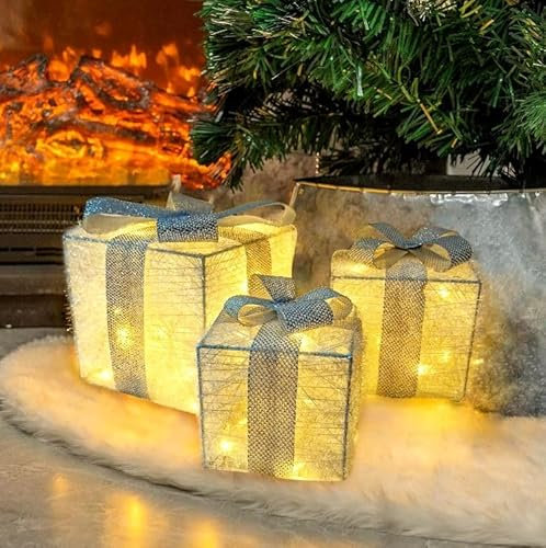 Bambelaa! 3er Led Deko Geschenke Leucht Boxen Timer Weihnachts Dekoration Weihnachtsdeko Beleuchtet Deko Weihnachten (Weiß-Silber)