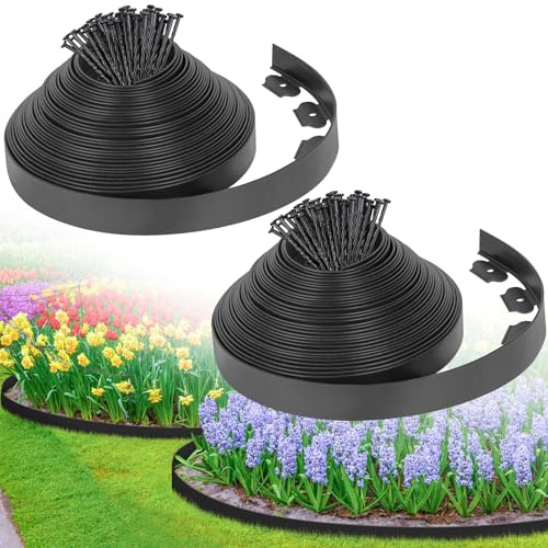 2-Inch x 100 FT Landscape Edging Border with 150 Stakes, Plastic Edging for Landscaping Garden Edging Border, Flexible Landscaping Edging for Garden Flower Beds Yard Lawn Pathway Paver (Black)
