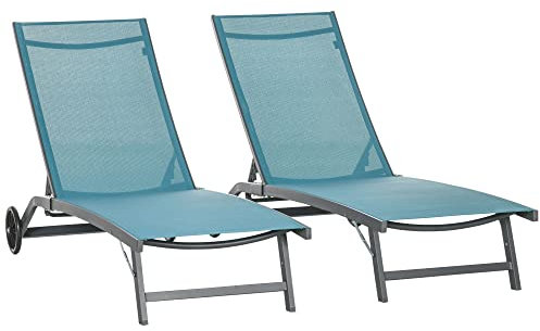 Outsunny Pack de 2 Tumbonas de Jardín Exterior Tumbonas Reclinables de Aluminio con Respaldo Ajustable de 5 Niveles y Ruedas para Playa Piscina 165x66x102 cm Azul y Gris
