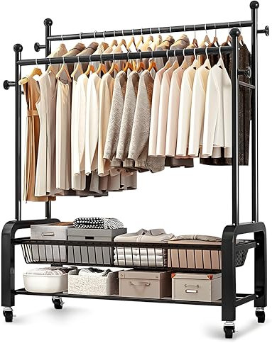 GLQ - Kleiderständer auf Rollen,kleiderstange rollen,kleiderständer stabil,kleiderständer mit rollen mit Doppelschichtige Lagerung mit zwei Kleiderstangen(Schwarz)