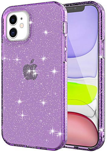Riccase for iPhone 12 Case, Clear Cute Glitter Sparkly Transparent iPhone 12 Pro Phone Case Soft TPU Anti-Yellow & Shockproof Protective for Women Girls, Purple Glitter