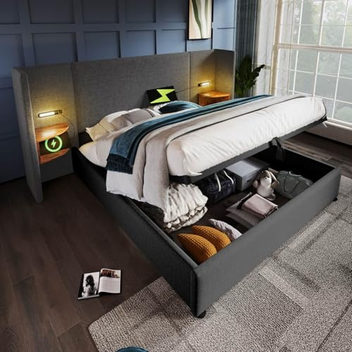 PUGSDRLY Lit Coffre 160x200cm avec Table de Nuit,Lampe de Lecture et Port USB Type-C,Lit Double de Rangement avec Sommier à Lattes,Tête de lit capitonnée,sans Matelas (Gris-Lin, 160x200)