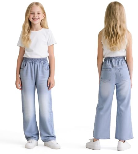 Baogaier Jeans para Niñas Holgados de Pierna Ancha Vaquero Casual 6-14 años | Pantalones Largos, Cintura Elástica, Stretch Denim Jeans, Moda Duradero Colegio Diario, Primavera Otoño, Bordados Decorativos
