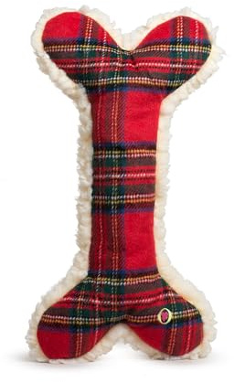 HuggleHounds Tartan Tidings Plush Bone Dog Toy - Dog Fuzzy Bone Toy, Soft Fleece, Durable, Stuffed Plush for Large Breeds, Puppies, Faux Sheepskin - 12 (1 Pack)