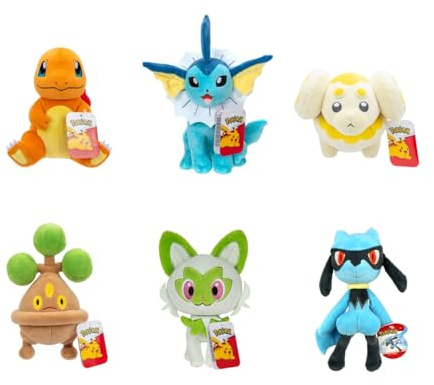 Pokémon Plush Welle 20 cm 95217-20 - Charmander, Sprigatito, Riolu, Fidough, Bonsly, Vaporeron - Offizielles Pokemon verstopftes Spielzeug für Kinder 2+