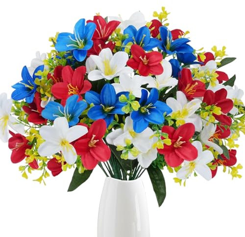 Lirios Artificiales 6 Piezas 12 Flores de Lirio de Seda realistas Artificiales con Tallo de plástico y Hojas Flores de Mantenimiento de bajo Bricolaje para decoración, Blanco lechoso + Rosa Rojo +