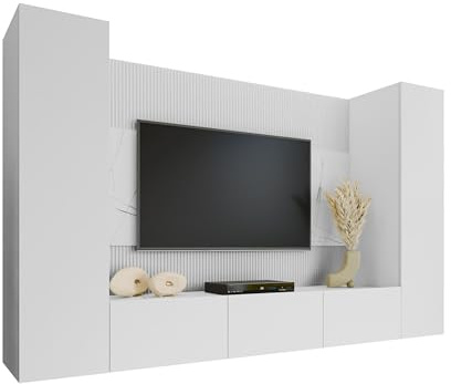 Mirjan24 Wohnwand Deromi V, 4-teilig (Weiß + Weiß Marmor) | Symmetrische Wohnwand mit 2 Hängeschränken, TV-Lowboard, TV-Paneel, Push-to-open-System und 10 Innenfächern