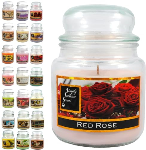 SIMPLY SUBLIME SCENTS - Luxury Scented Candle - Red Rose | Exceptional Fragrance Oil - Medium Glass Jar, Up to 76 Hours - Clever Wax Formula For a Long, Clean & Even Burn - Cotton Wick