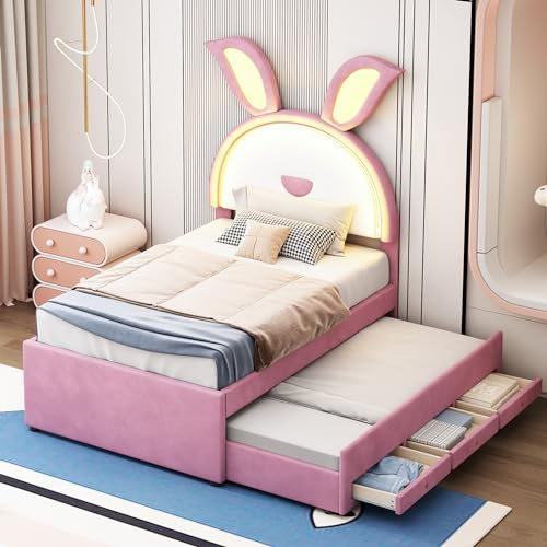 Kinderbett Polsterbett 90x200, Einzelbett mit LED-Licht&Ausziehbarem Bett&3 Schubladen, Hasenohren Bettgestell für Mädchen, Jugendbett mit Verstellbarem Kopfteil&Lattenrost, Samt, Ohne Matratze, Rosa