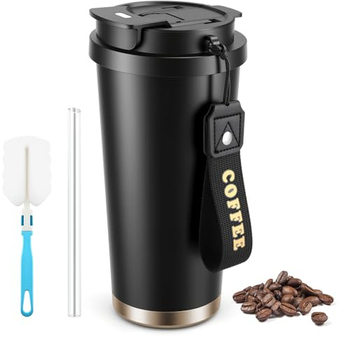 Sommdiy Coffee Cup Travel Mug, 500ml Insulated Coffee Cups Leak Proof, Stainless Steel Thermal Cup with Lid and Reusable Straw, Large Portable Reusable Flask Travel Mugs for Hot Cold Drink (Black)
