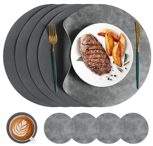 Placemats and Coaster Sets 5, Leather Round Placemats Washable Table Mat Dual-Sided Waterproof Non Slip Place Mats for Kitchen Dining Table Home Restaurant, Grey