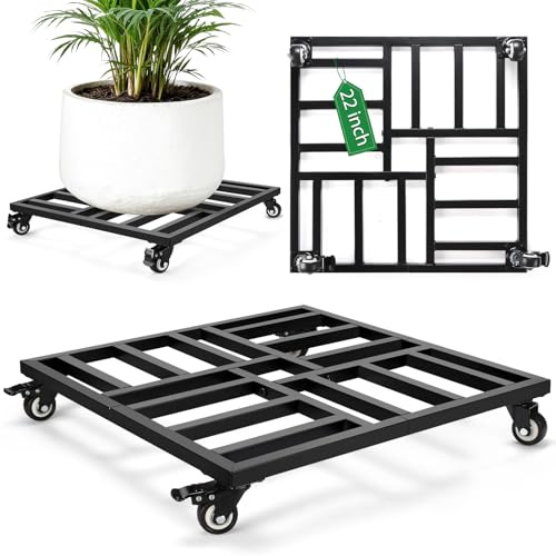 AugFir 22 Plant Caddy with Wheels Heavy Duty, 600lbs Rolling Metal Plant Stand, Square Plant Dolly with Lockable Caster Wheels for Large Planter Pots, Heavy Objects, Ideal for Indoor and Outdoor Use