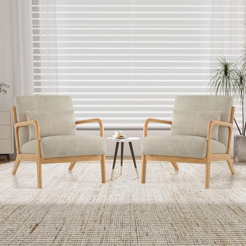 XH.Easy Go Modern Accent Chair Set of 2,Comfy Armchair with Pillow Wood Frame,Upholstered Mid-Century Reading Lounge Arm Chair for Living Room Bedroom,Lightgrey