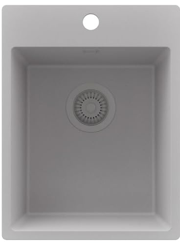 PRIMAGRAN Spülbecken ab 40er Unterschrank + Ablauf-Set, 38x50cm | Set: Ablauf-Set (Siphon, Ablaufgarnitur, Überlauf) + Granitspüle 1 Becken - Riga, Alles Grau