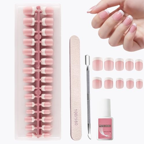 240 PCS French Square Press on Nails - Short False Nails with Nail File & Pusher - Square French Short False Nails - Acrylic Nails Full Cover Artificial Fingernails for Women Beginners DIY Manicure