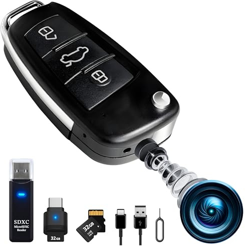 Mini Camara Espia Oculta Camuflada en Llave de Coche, sin Luz al Grabar (FULL PACK 2MP Super HD con MicroSD 32GB, LECTOR LED, OTG para Ver en Móvil y Carga USB-C)Sensor de Movimiento y Visión Nocturna