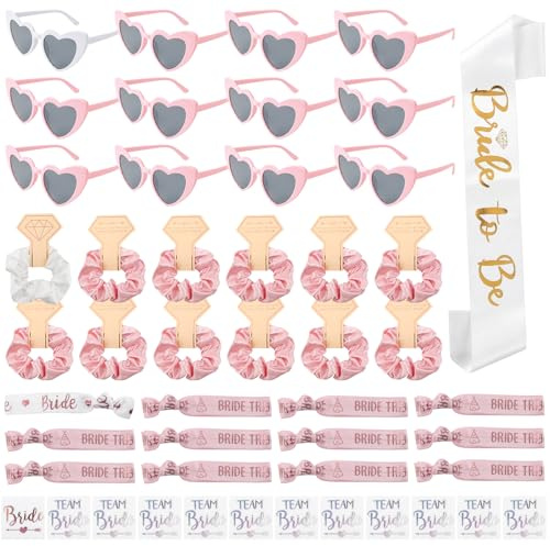 Aitsite 49 Stück Jga Accessoires Frauen Set, JGA Accessoires mit Sonnenbrille Herz, Bride To Be Schärpe & Schleier, Tattoos, Armbänder, Junggesellenabschied Frauen Rosa Weiß Dekoration Team Bride