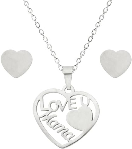 Löb 750er Weißgold vergoldet Kette Ohrringe Set Herz Love Mama Anhänger Damen Halskette Ohrstecker Schmuckset Mutter Liebe Schriftzug Geburt Silber