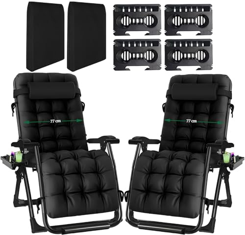 Fiutazge 2PCS Tumbona Jardin Exterior de 77cm,Sillas Jardin Exterior,Silla Gravedad Cero con Acolchado Ajustable,Reposacabezas,Portabebidas,Tumbona Plegable para Patio,Playa,Piscina-Negro