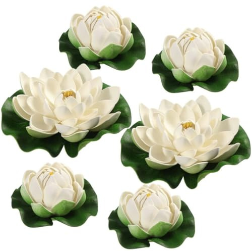 Getdoublerich 6PCS Artificial Floating Water Lilies, Plastic Lotus Flowers for Pond Garden Pool Decor, White Green Leaves, 2 Large 4 Small