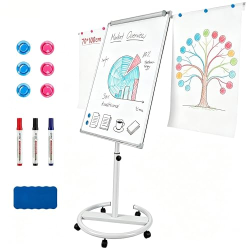DoeDoefong Flipchart Ständer Whiteboard mobil 70x100 cm, höhenverstellbar 157-195 cm, magnetische Tafel trocken abwischbar, mit Rollen & Papierklammern, für Büro Schule Zuhause
