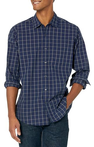 Amazon Essentials Men's Regular-Fit Long-Sleeve Casual Poplin Shirt, Navy Windowpane, XL