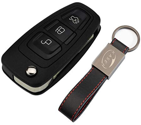 KASER Coque Clé Télécommande Plip 3 Boutons Ford Focus Mondeo Fusion Fiesta Ka Kuga Ecosport S-Max C 2011-2017 avec Porte-Clés en Cuir