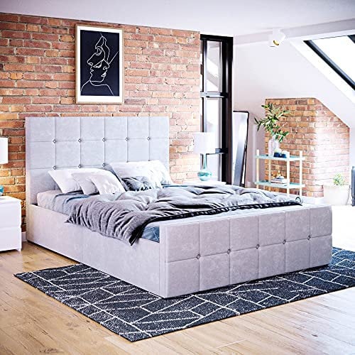 Vida Designs Valentina Double Ottoman Bed, 4 Foot 6 Bed Frame Storage Lift Upholstered Fabric Headboard Bedroom Furniture, Light Grey Velvet (UKFR Certified)