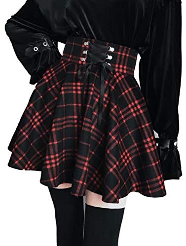 fexgaoo Damen Plaid Glencheck A-Linie Hohe Taille Flare Plissee Mini Schwarz Rock Kleid