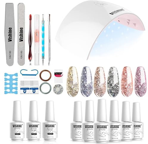 Vishine Nagellack Set Starterset mit Lampe 36W UV Lampe für Gelnägel Starterset 6 Farben Glitzer UV Nagellack Set Gellack UV LED Nagellampe Set UV Gel Shellac Nagellack Set #020