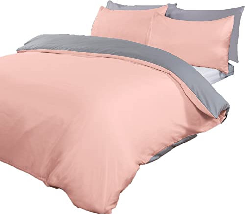 Brentfords - Set 1 copripiumino reversibile e 2 federe abbinate, Grigio/Rosa, Doppio (matrimoniale)