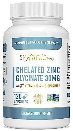 Chelated Zinc Supplements - Zinc Glycinate 30 mg (120 Capsules) Highly-Absorbable TRAACS Chelated Zinc Bisglycinate, Vitamin B6 & BioPerine - Immune Support, Acne & Metabolism* - Non-GMO, Gluten-Free