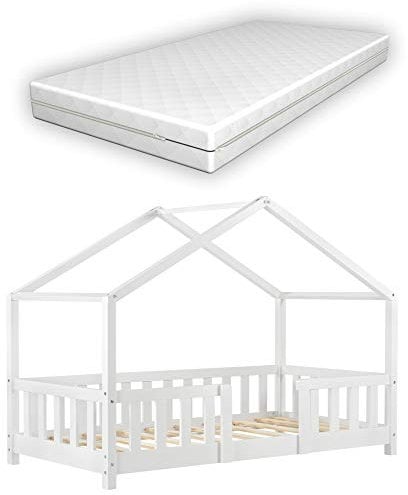 [en.casa] Kinderbett Treviolo mit Matratze 80 x 160 cm Hausbett Holzbett für Kinder mit Rausfallschutz Montessori Bettgestell mit Lattenrost Spielbett Kiefernholz Weiß
