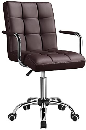 Yaheetech Silla de Oficina con Ruedas Giratorias Silla de Ordenador Ajustable en Altura con Asiento Acolchado Giratorio Silla de Escritorio de Polipiel Carga MAX 120Kg con Respaldo Marrón