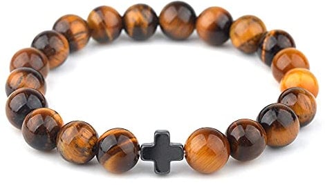 Christian Prayer Beads on Elastic Bracelet – Beautiful 8MM Tiger Eye Beads + Wooden Cross – 22 Bead Bracelet or 33 Bead Pocket Prayer Rope! Great Gift for Friends & Family!, Wood, hematite,