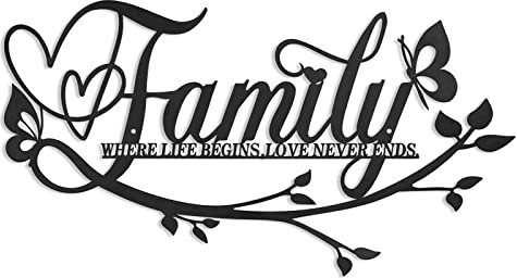 MERYSAN WortschildFamily Where Life Begins Love Never Ends, Wanddekoration, schwarzer Metallausschnitt, Familienschilder, Wandkunstdekorationen, Buchstaben, Zitate, Schild für Schlafzimmer, Küche,
