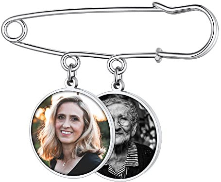 Custom4U Personalisierte 2x Rund Brosche Silber mit Fotogravur Memorial Brautstrauß Fotoanhänger mit Bild Damen Frauen Foto Anstecker Sicherheitsnadel Brosche Clip Brosche Pin Schmucknadel