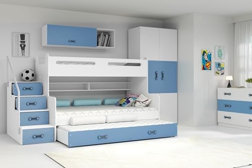 Interbeds Etagenbett Hochbett MAX 3 für DREI Kinder mit DREI Matratzen: 80x200cm / 120x200cm / 80x190cm + Farbvariationen (weiß+blau)