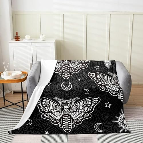 Todesmotte Überwurfdecke Trippy Gotischer Schädel Fleecedecke Wohnzimmerdekoration Schwarz Weiß Sonne und Mond Flanelldecke Boho Mandala Skeleton Bones Plüschdecke für Kinder Jungen Mädchen,150x200