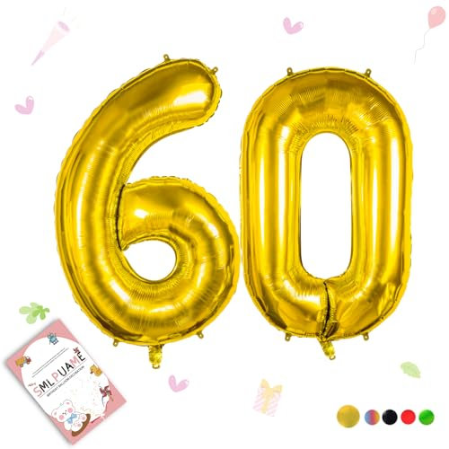 Smlpuame 102cm Folienballon Zahlen Luftballon 0-9 Geburtstag Golden Große 60 Ballons für Geburtstagsfeier Feierdekorationen, Heliumfolien Zahlenballons für Hochzeitstag