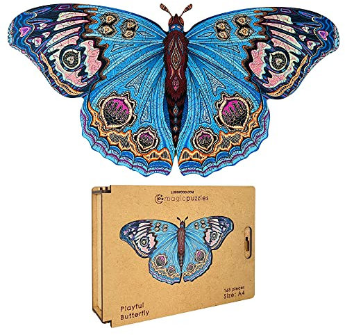 Lubiwood Verspielters Tierform-Holzpuzzle (42x29 cm) - Fördert Beobachtungsfähigkeiten und Zufriedenheit - kommt mit Holzgeschenkbox - Perfekt für Erwachsene (Verspielter Schmetterling, Large (A3))