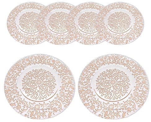 WedDecor 33cm Round Charger Plate, Set of 6 Charger Plates, for Centerpiece Presentation Dinner Plate Set, Weddings, Banquets, Christmas Parties Table Decorations, Royal Rose Gold Design