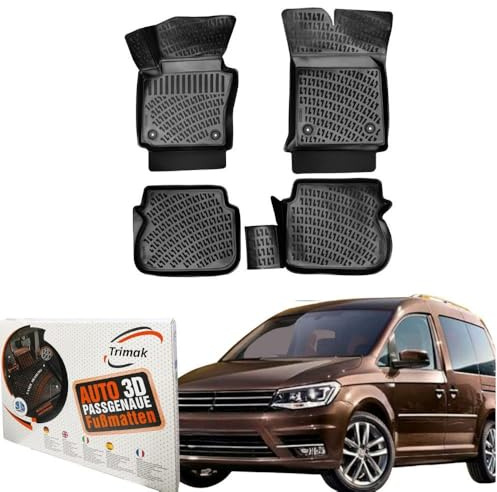 Trimak Passgenau 3D Fussmatten Auto Kompatibel mit Volkswagen Caddy 4 Gen 2016-2020 Auto Zubehör 1. und 2. Reihe Gummimatten Autos TPE Allwetter Geruchlos rutschfest Vorne & Hinten Schwarz