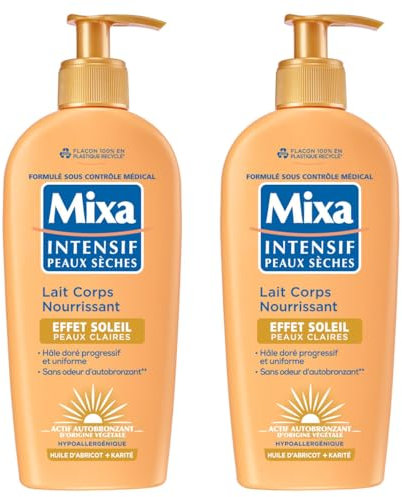 Mixa Intensif Peaux Sèches - Lait Corps Nourrissant Effet Soleil - Autobronzant - Hâle Doré Naturel Progressif et Uniforme - Peaux Claires - Hypoallergénique - Lot de 2, 250ml