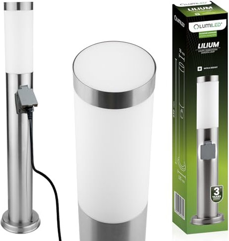 Lumiled Wegeleuchte Außen Pollerleuchte Sockelleuchte mit Steckdose Stehlampe Außenleuchte Gartenleuchte Wegelampe stehend 65cm IP44 Silber Edelstahl E27 Fassung Säulenlampe Pfostenlichter