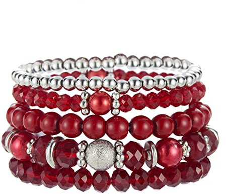 FULU AUTUMN Boho Perlenarmband Damen Mehrschichtiges Armband mit Kristalle Perlen Modeschmuck Geschenke für Frauen(32-Red)