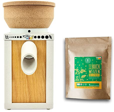 KoMo KoMoMio weiß mit Kork-Trichter + 2,5 kg Bio Buchweizen | Made in Austria | Edelkorund und Keramik Mahlstein | frisches Mehl
